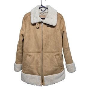 Bearpaw Sherpa Lined and Trimmed Camel Faux Suede Winter Jacket Sz Medium